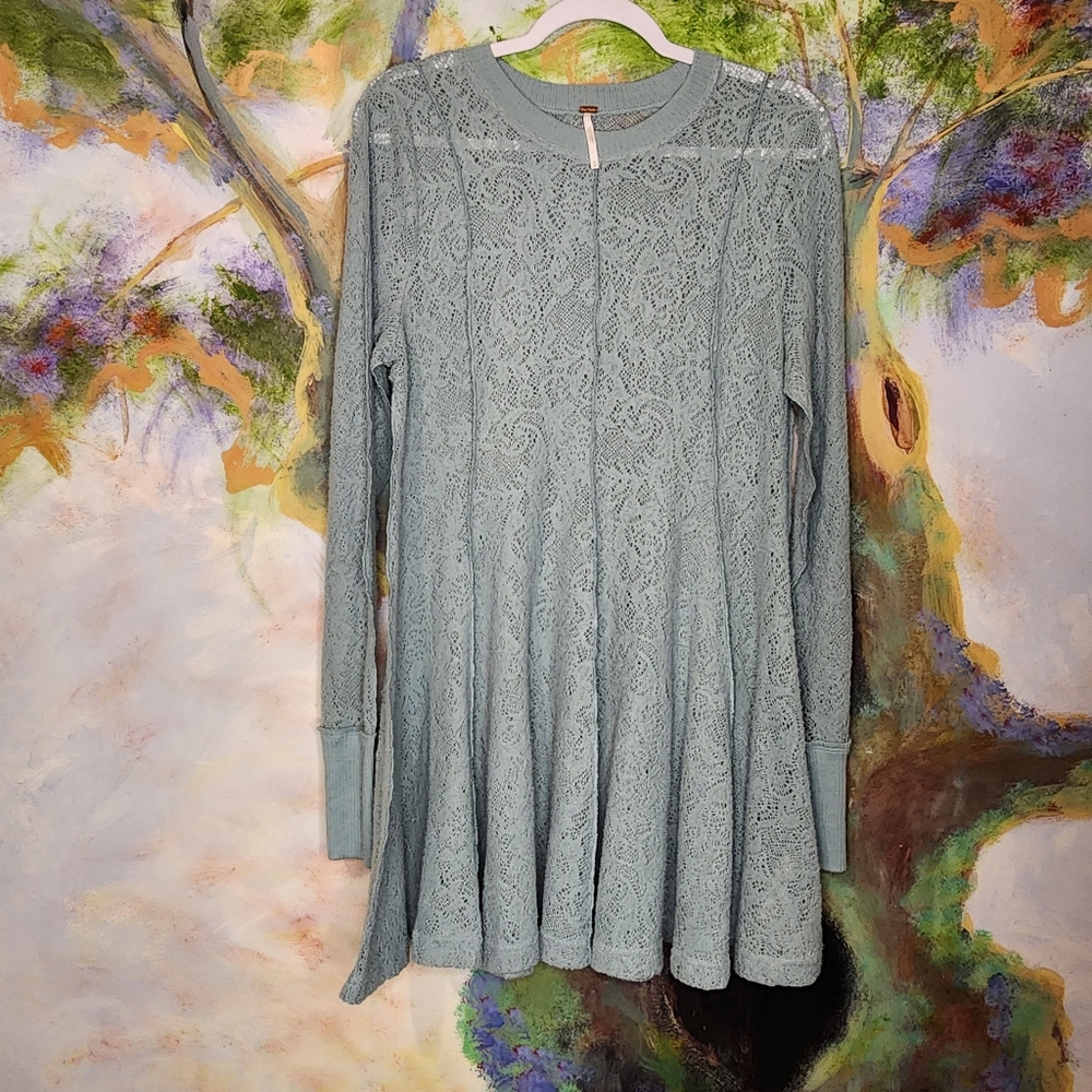 Free People Women's Lace Ribbed Trim Tunic Sweater Blue